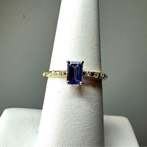 NWT .59cts emerald cut Tanzanite with natural diamond accents in 14k YG ring!